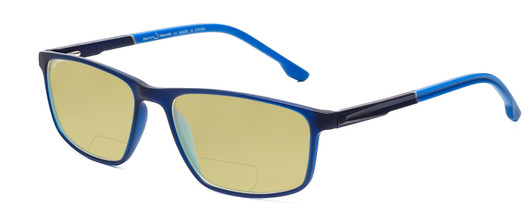 Profile View of Santini Mavaldi  Designer Polarized Reading Sunglasses with Custom Cut Powered Sun Flower Yellow Lenses in Matte Blue Unisex Classic Full Rim Acetate 55 mm