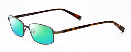 Profile View of John Varvatos V150-GOL Designer Polarized Reading Sunglasses with Custom Cut Powered Green Mirror Lenses in Antique Gold Unisex Rectangle Full Rim Metal 56 mm