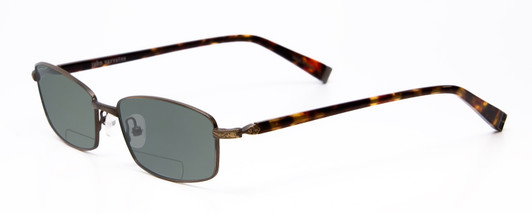 Profile View of John Varvatos V150-GOL Designer Polarized Reading Sunglasses with Custom Cut Powered Smoke Grey Lenses in Antique Gold Unisex Rectangle Full Rim Metal 56 mm