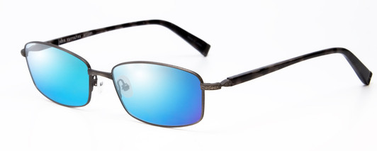 Profile View of John Varvatos V150-GUN Designer Polarized Sunglasses with Custom Cut Blue Mirror Lenses in Antique Gun Metal Unisex Rectangle Full Rim Metal 56 mm