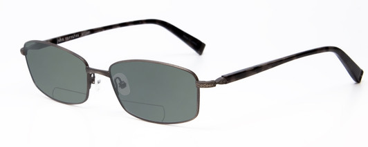 Profile View of John Varvatos V150-GUN Designer Polarized Reading Sunglasses with Custom Cut Powered Smoke Grey Lenses in Antique Gun Metal Unisex Rectangle Full Rim Metal 56 mm