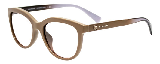 Profile View of Coach  Designer Progressive Lens Blue Light Blocking Eyeglasses in Taupe Tan Brown Ladies Cateye Full Rim Acetate 56 mm