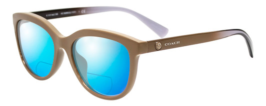 Profile View of Coach  Designer Polarized Reading Sunglasses with Custom Cut Powered Blue Mirror Lenses in Taupe Tan Brown Ladies Cateye Full Rim Acetate 56 mm