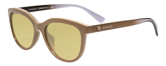 Profile View of Coach  Designer Polarized Reading Sunglasses with Custom Cut Powered Sun Flower Yellow Lenses in Taupe Tan Brown Ladies Cateye Full Rim Acetate 56 mm