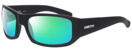Profile View of Smith Optics BAUHAUS Designer Polarized Reading Sunglasses with Custom Cut Powered Green Mirror Lenses in Matte Black Mens Classic Full Rim Acetate 59 mm