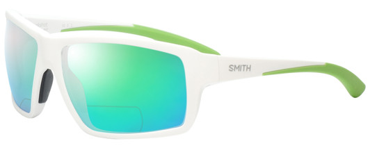 Profile View of Smith Optics HOOKSHOT Designer Polarized Reading Sunglasses with Custom Cut Powered Green Mirror Lenses in Matte White Mens Classic Full Rim Acetate 62 mm