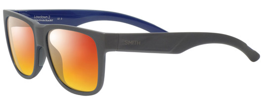 Profile View of Smith Optics LOWDOWN 2 Designer Polarized Sunglasses with Custom Cut Red Mirror Lenses in Matte Grey Blue Unisex Square Full Rim Acetate 55 mm