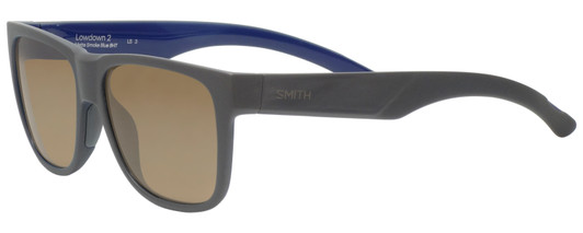 Profile View of Smith Optics LOWDOWN 2 Designer Polarized Sunglasses with Custom Cut Amber Brown Lenses in Matte Grey Blue Unisex Square Full Rim Acetate 55 mm