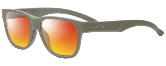 Profile View of Smith Optics LOWDOWN SLIM 2 Designer Polarized Sunglasses with Custom Cut Red Mirror Lenses in Matte Grey Green Unisex Square Full Rim Acetate 55 mm