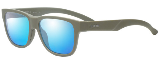Profile View of Smith Optics LOWDOWN SLIM 2 Designer Polarized Sunglasses with Custom Cut Blue Mirror Lenses in Matte Grey Green Unisex Square Full Rim Acetate 55 mm