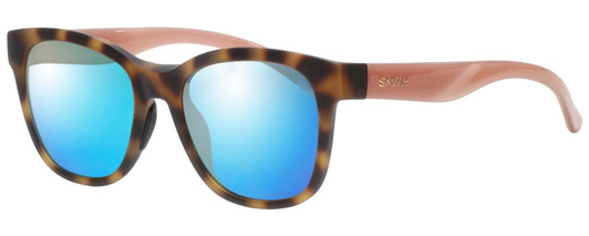 Profile View of Smith Optics CAPER Designer Polarized Sunglasses with Custom Cut Blue Mirror Lenses in Matte Honey Tortoise Havana Ladies Cateye Full Rim Acetate 53 mm