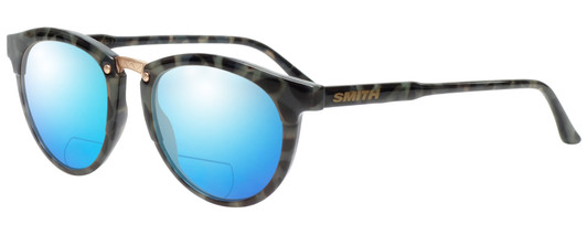 Profile View of Smith Optics QUESTA Designer Polarized Reading Sunglasses with Custom Cut Powered Blue Mirror Lenses in Havana Green Tortoise Ladies Cateye Full Rim Acetate 50 mm