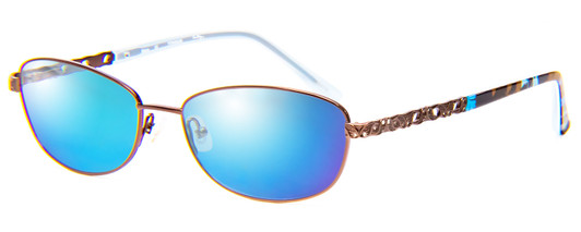 Profile View of Vera Bradley Maya Designer Polarized Sunglasses with Custom Cut Blue Mirror Lenses in Java Crystals Floral Blue Brown Ladies Oval Full Rim Titanium 56 mm