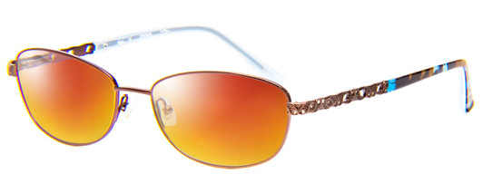 Profile View of Vera Bradley Maya Designer Polarized Sunglasses with Custom Cut Red Mirror Lenses in Java Crystals Floral Blue Brown Ladies Oval Full Rim Titanium 56 mm