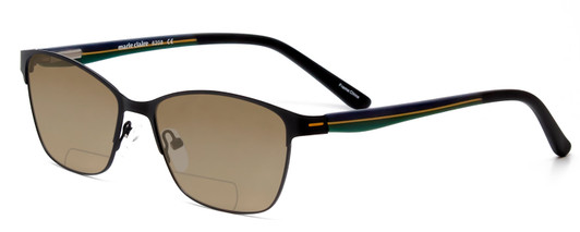 Profile View of Marie Claire MC6208-BLK Designer Polarized Reading Sunglasses with Custom Cut Powered Amber Brown Lenses in Black Green Ladies Cateye Full Rim Stainless Steel 52 mm