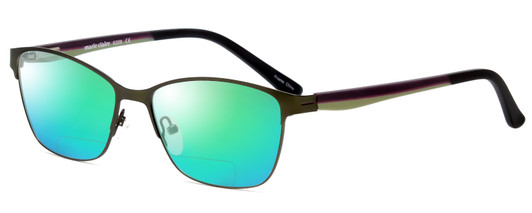 Profile View of Marie Claire MC6208-FOR Designer Polarized Reading Sunglasses with Custom Cut Powered Green Mirror Lenses in Forest Green Brown Ladies Cateye Full Rim Stainless Steel 52 mm