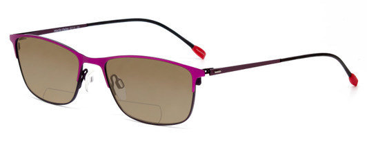 Profile View of Marie Claire MC6213-FUS Designer Polarized Reading Sunglasses with Custom Cut Powered Amber Brown Lenses in Fuchsia Hot Pink Purple Ladies Cateye Full Rim Stainless Steel 52 mm
