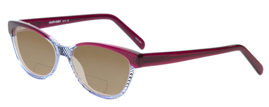 Profile View of Marie Claire MC6215-BGB Designer Polarized Reading Sunglasses with Custom Cut Powered Amber Brown Lenses in Burgundy Red Blue Crystal Fade Ladies Cateye Full Rim Acetate 55 mm