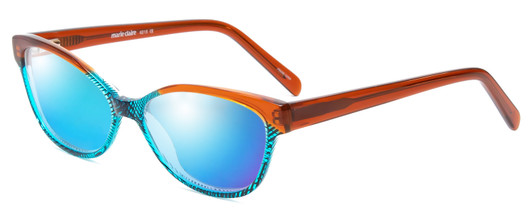 Profile View of Marie Claire MC6215-BTU Designer Polarized Sunglasses with Custom Cut Blue Mirror Lenses in Brown Turquoise Blue Crystal Fade Ladies Cateye Full Rim Acetate 55 mm