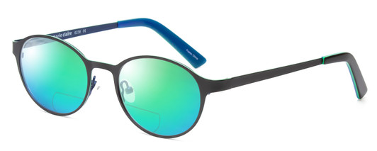 Profile View of Marie Claire MC6236-BKN Designer Polarized Reading Sunglasses with Custom Cut Powered Green Mirror Lenses in Black Navy Blue Ladies Round Full Rim Stainless Steel 46 mm