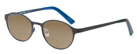Profile View of Marie Claire MC6236-BKN Designer Polarized Reading Sunglasses with Custom Cut Powered Amber Brown Lenses in Black Navy Blue Ladies Round Full Rim Stainless Steel 46 mm