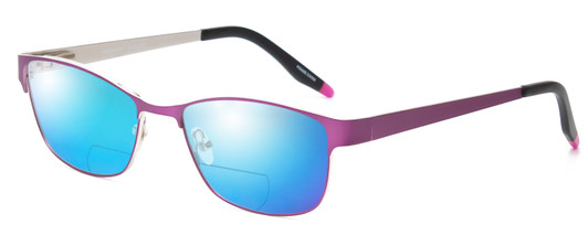 Profile View of Marie Claire MC6239-LAV Designer Polarized Reading Sunglasses with Custom Cut Powered Blue Mirror Lenses in Lavender Purple Black Ladies Classic Full Rim Stainless Steel 49 mm