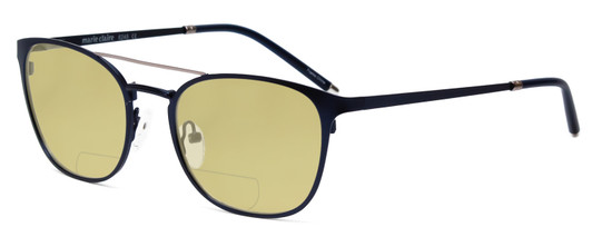 Profile View of Marie Claire MC6248-NVY Designer Polarized Reading Sunglasses with Custom Cut Powered Sun Flower Yellow Lenses in Navy Blue Ladies Classic Full Rim Stainless Steel 49 mm