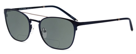 Profile View of Marie Claire MC6248-NVY Designer Polarized Reading Sunglasses with Custom Cut Powered Smoke Grey Lenses in Navy Blue Ladies Classic Full Rim Stainless Steel 49 mm