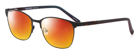 Profile View of Marie Claire MC6259-BLK Designer Polarized Sunglasses with Custom Cut Red Mirror Lenses in Black Ladies Cateye Full Rim Stainless Steel 49 mm