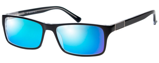 Profile View of Big&Tall 08 Designer Polarized Sunglasses with Custom Cut Blue Mirror Lenses in Black Crystal Mens Rectangle Full Rim Acetate 59 mm