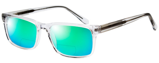 Profile View of Big&Tall 21 Designer Polarized Reading Sunglasses with Custom Cut Powered Green Mirror Lenses in Crystal Transparent Mens Rectangle Full Rim Acetate 57 mm