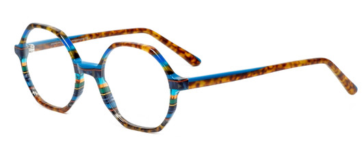 Profile View of Johann Von Goisern Hexagon Designer Blue Light Blocking Eyeglasses in Tokyo Tortoise Stripe Blue Green Yellow Orange Unisex Square Full Rim Acetate 50 mm