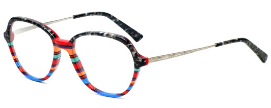 Profile View of Johann Von Goisern  Designer Blue Light Blocking Eyeglasses in Grey Marble Tortoise Orange Blue Green Stripe Unisex Round Full Rim Acetate 51 mm