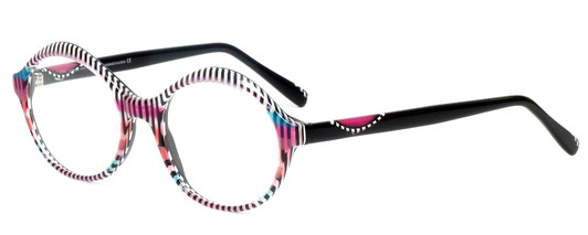Profile View of Johann Von Goisern  Designer Blue Light Blocking Eyeglasses in Black Crystal Zebra Stripe Purple Pink Unisex Oval Full Rim Acetate 52 mm