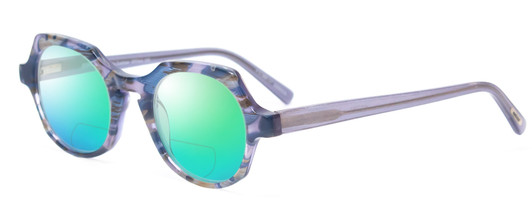 Profile View of Eyebobs Heda Letus Designer Polarized Reading Sunglasses with Custom Cut Powered Green Mirror Lenses in Blue Pearl Silver Grey Marble Unisex Round Full Rim Acetate 47 mm