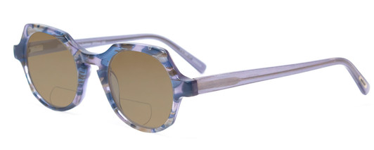 Profile View of Eyebobs Heda Letus Designer Polarized Reading Sunglasses with Custom Cut Powered Amber Brown Lenses in Blue Pearl Silver Grey Marble Unisex Round Full Rim Acetate 47 mm