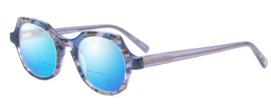 Profile View of Eyebobs Heda Letus Designer Polarized Reading Sunglasses with Custom Cut Powered Blue Mirror Lenses in Blue Pearl Silver Grey Marble Unisex Round Full Rim Acetate 47 mm