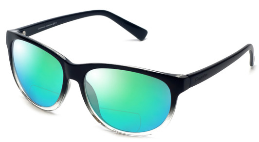 Profile View of Coyote BP-18 Designer Polarized Reading Sunglasses with Custom Cut Powered Green Mirror Lenses in Black Crystal Fade Unisex Oval Full Rim Acetate 52 mm