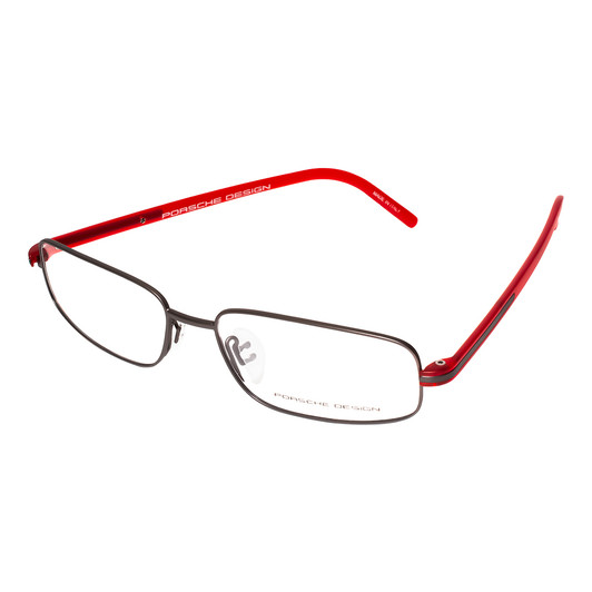 Profile View of Porsche Design P8125-D-57 Designer Progressive Lens Blue Light Blocking Eyeglasses in Dark Gun Metal & Red Unisex Rectangle Full Rim Titanium 57 mm