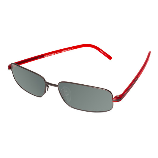 Profile View of Porsche Design P8125-D-57 Designer Polarized Sunglasses with Custom Cut Smoke Grey Lenses in Dark Gun Metal & Red Unisex Rectangle Full Rim Titanium 57 mm