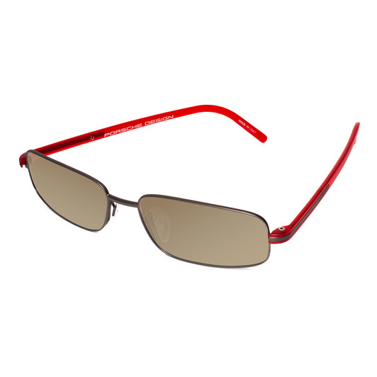 Profile View of Porsche Design P8125-D-57 Designer Polarized Sunglasses with Custom Cut Amber Brown Lenses in Dark Gun Metal & Red Unisex Rectangle Full Rim Titanium 57 mm