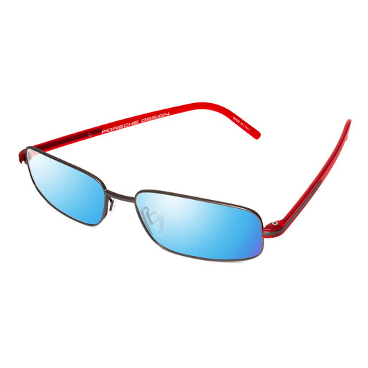 Profile View of Porsche Design P8125-D-57 Designer Polarized Sunglasses with Custom Cut Blue Mirror Lenses in Dark Gun Metal & Red Unisex Rectangle Full Rim Titanium 57 mm