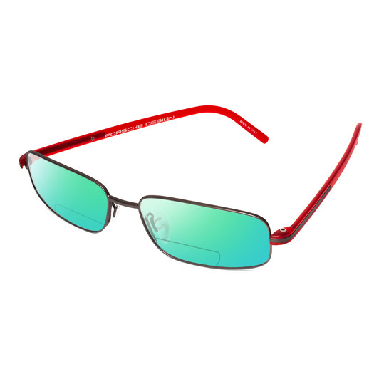 Profile View of Porsche Design P8125-D-57 Designer Polarized Reading Sunglasses with Custom Cut Powered Green Mirror Lenses in Dark Gun Metal & Red Unisex Rectangle Full Rim Titanium 57 mm