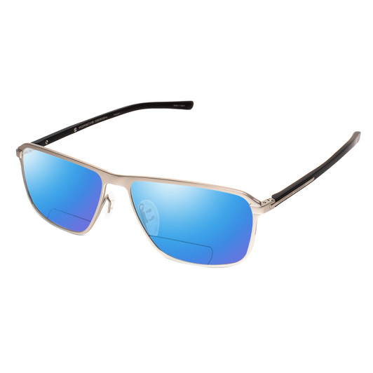 Profile View of Porsche Design P8285-D-56 Designer Polarized Reading Sunglasses with Custom Cut Powered Blue Mirror Lenses in Gun Metal Silver&Matte Black Unisex Square Full Rim Titanium 56 mm