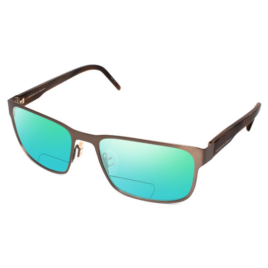 Profile View of Porsche Design P8291-C-55 Designer Polarized Reading Sunglasses with Custom Cut Powered Green Mirror Lenses in Satin Brown&Matte Marble Horn Unisex Square Full Rim Titanium 55 mm
