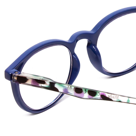 Close Up View of Calabria MDR8003 Designer Reading Eye Glasses with Custom Cut Powered Lenses in Navy Blue Crystal Spot Unisex Oval Full Rim Acetate 47 mm