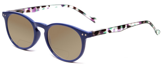Profile View of Calabria MDR8003 Designer Polarized Reading Sunglasses with Custom Cut Powered Amber Brown Lenses in Navy Blue Crystal Spot Unisex Oval Full Rim Acetate 47 mm