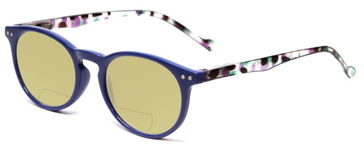Profile View of Calabria MDR8003 Designer Polarized Reading Sunglasses with Custom Cut Powered Sun Flower Yellow Lenses in Navy Blue Crystal Spot Unisex Oval Full Rim Acetate 47 mm