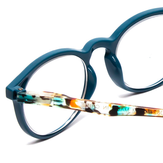 Close Up View of Calabria MDR8003 Designer Single Vision Prescription Rx Eyeglasses in Teal Green Crystal Spot Unisex Oval Full Rim Acetate 47 mm