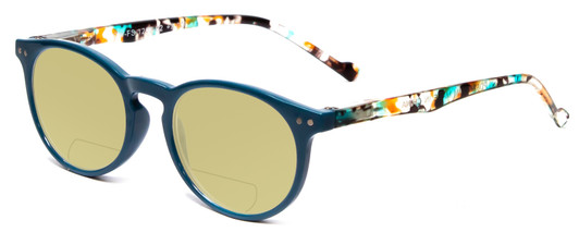 Profile View of Calabria MDR8003 Designer Polarized Reading Sunglasses with Custom Cut Powered Sun Flower Yellow Lenses in Teal Green Crystal Spot Unisex Oval Full Rim Acetate 47 mm